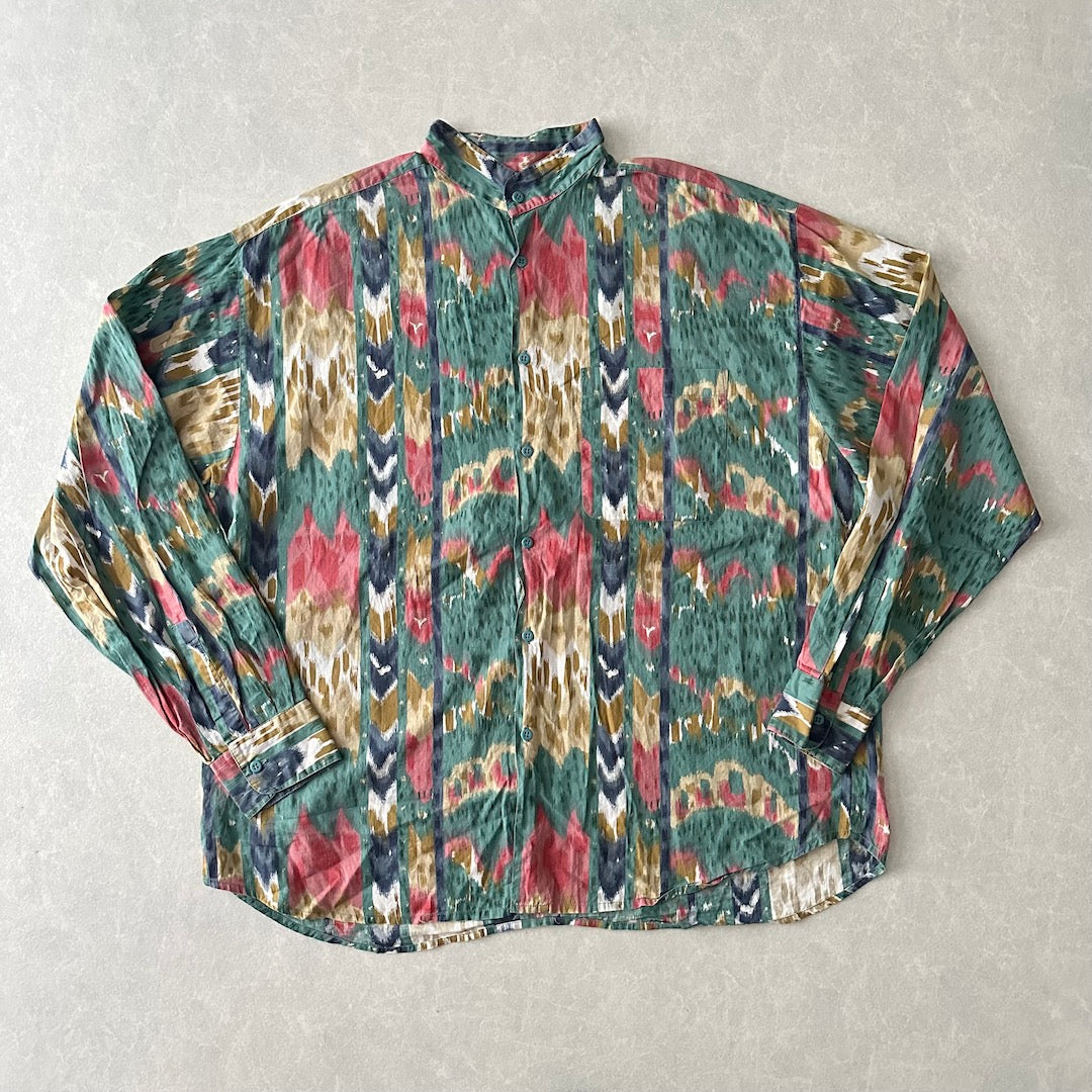 幾何学柄ネイティブ柄スタンドカラーシャツ 総柄 L 古着 メンズ
