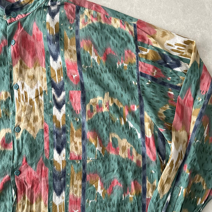 幾何学柄ネイティブ柄スタンドカラーシャツ 総柄 L 古着 メンズ