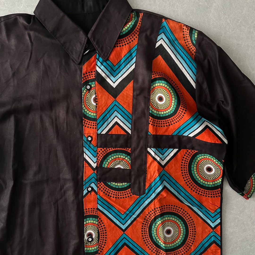 アジアンネイティブ柄アシンメトリー半袖シャツ ブラウン L 古着 メンズ