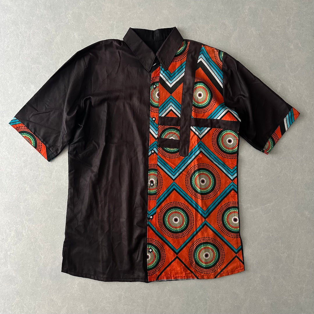 アジアンネイティブ柄アシンメトリー半袖シャツ ブラウン L 古着 メンズ