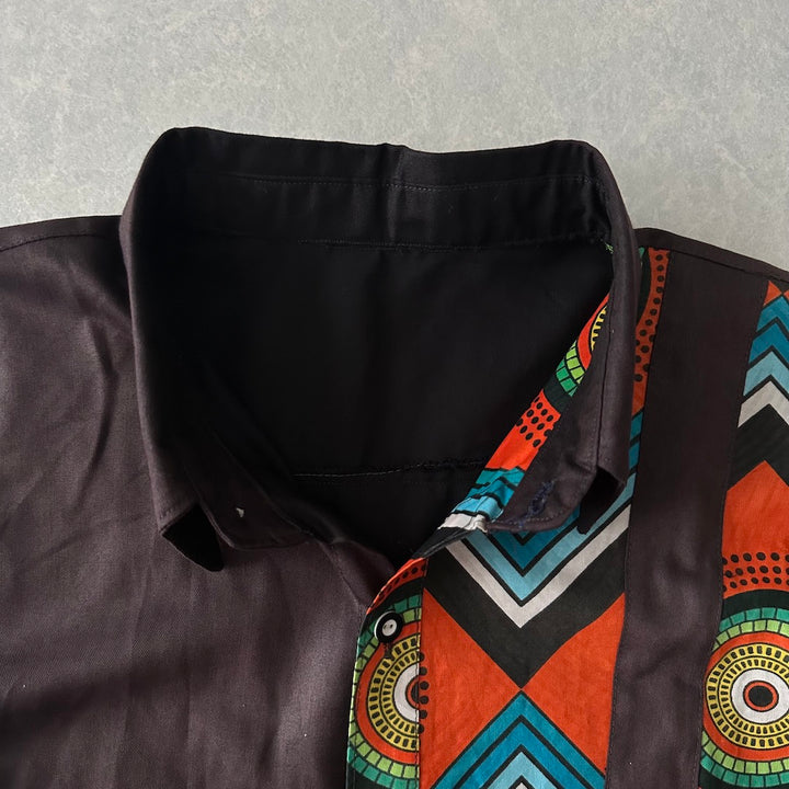 アジアンネイティブ柄アシンメトリー半袖シャツ ブラウン L 古着 メンズ