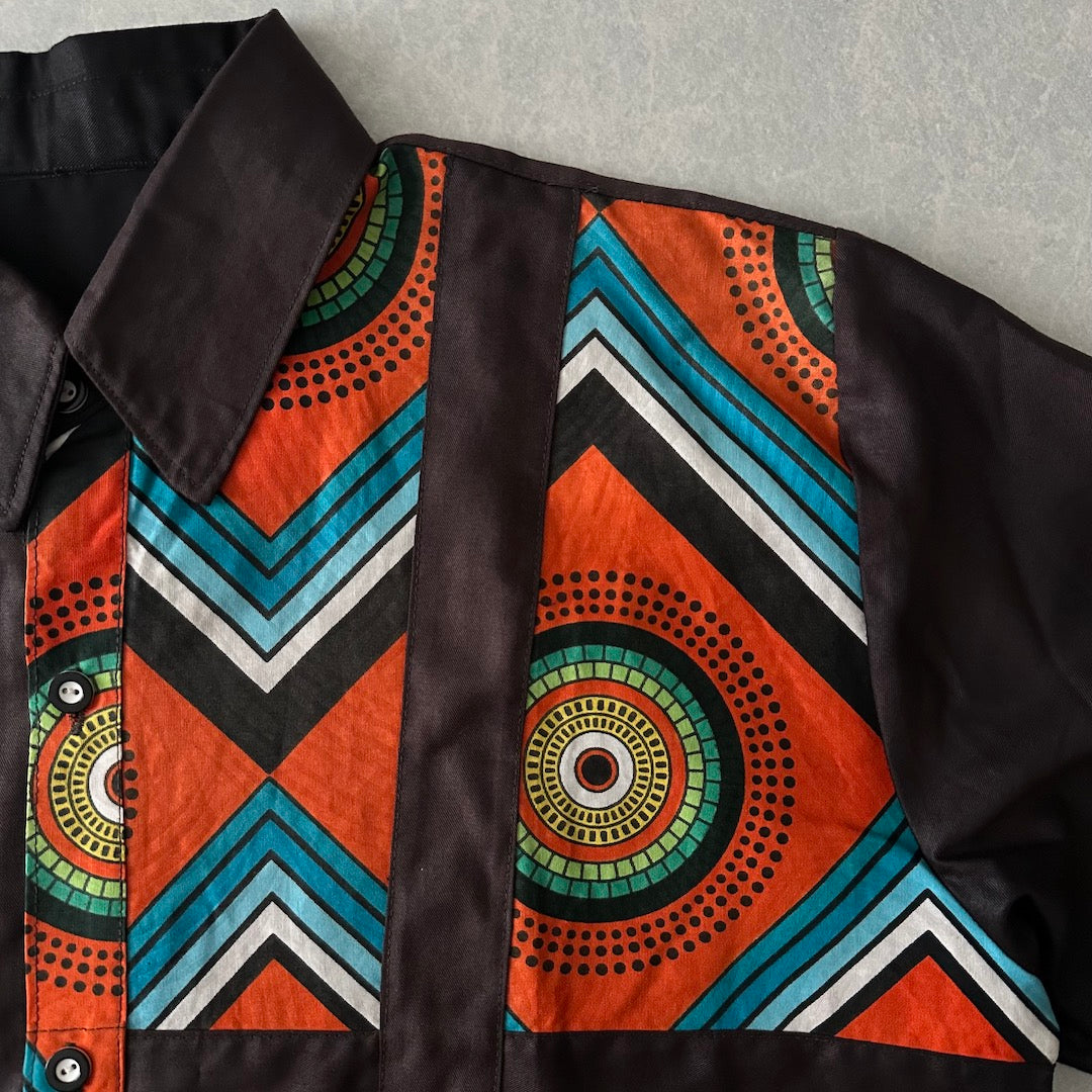 アジアンネイティブ柄アシンメトリー半袖シャツ ブラウン L 古着 メンズ