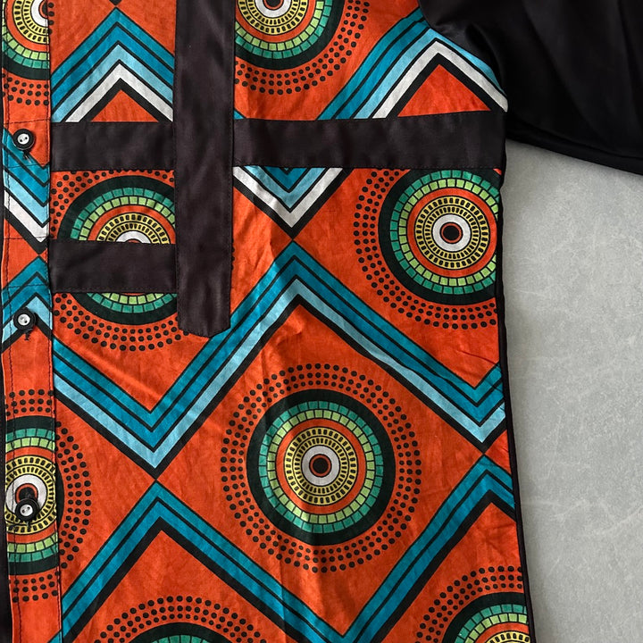 アジアンネイティブ柄アシンメトリー半袖シャツ ブラウン L 古着 メンズ