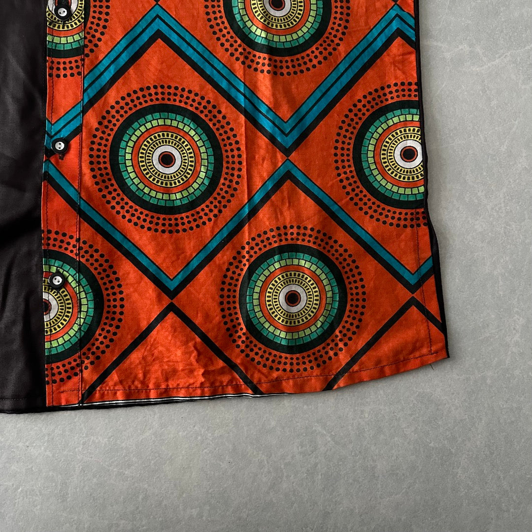 アジアンネイティブ柄アシンメトリー半袖シャツ ブラウン L 古着 メンズ