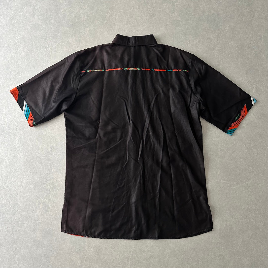 アジアンネイティブ柄アシンメトリー半袖シャツ ブラウン L 古着 メンズ