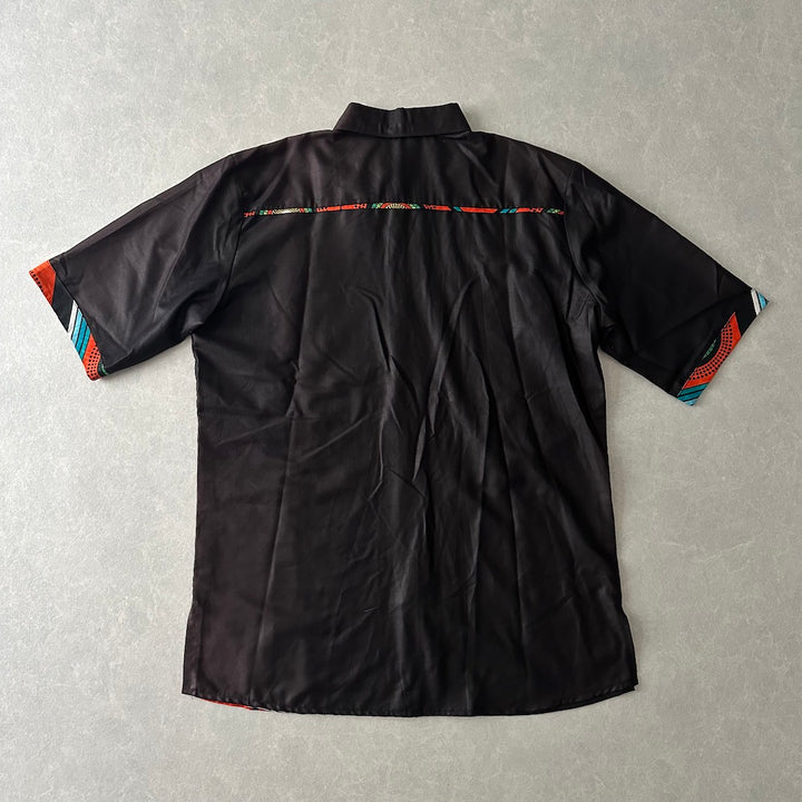 アジアンネイティブ柄アシンメトリー半袖シャツ ブラウン L 古着 メンズ