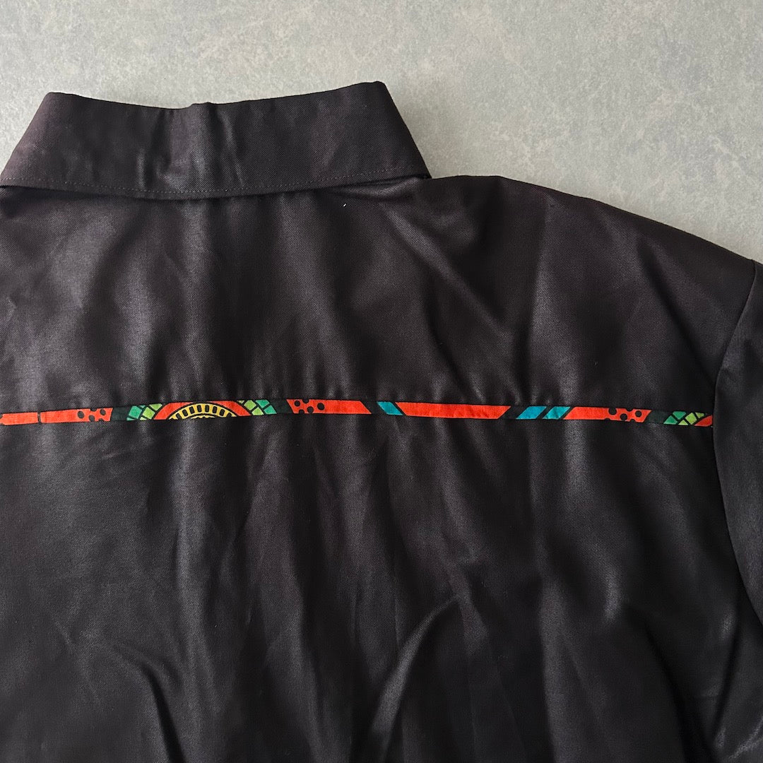 アジアンネイティブ柄アシンメトリー半袖シャツ ブラウン L 古着 メンズ