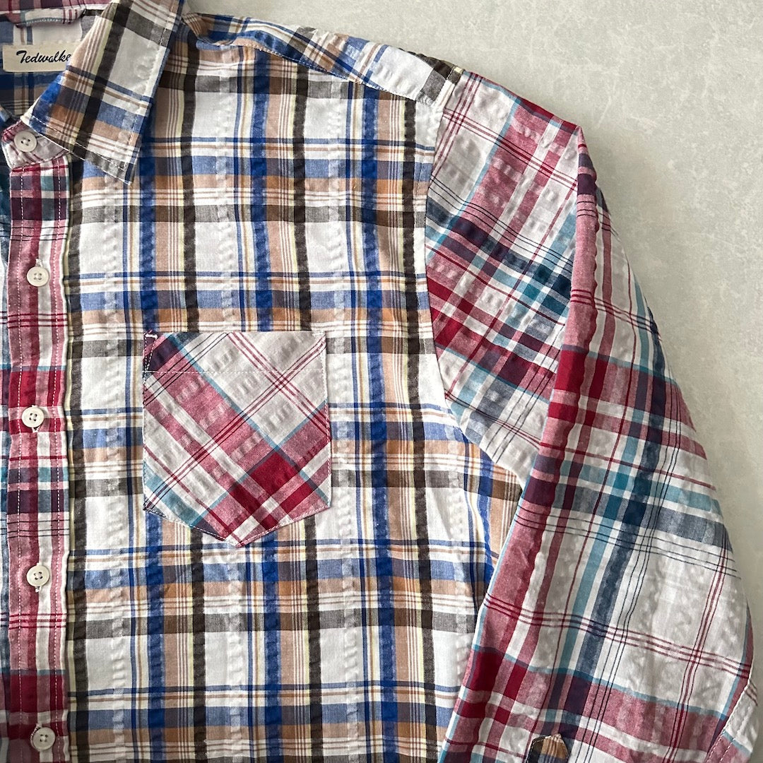 クレイジーパターンチェック柄シャツ チェック柄 LL 古着 メンズ