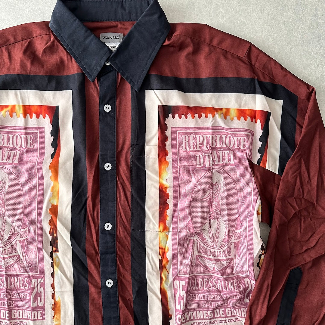 【WANNA】アート柄プリントシャツ ブラウン 1 古着 メンズ