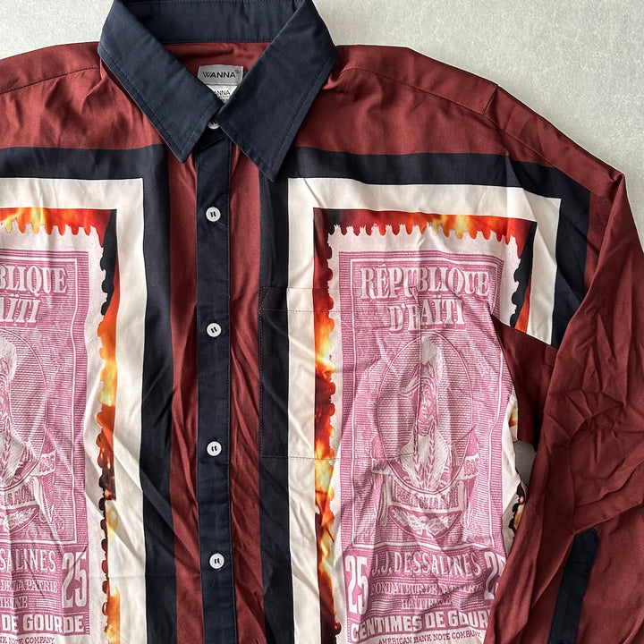 【WANNA】アート柄プリントシャツ ブラウン 1 古着 メンズ