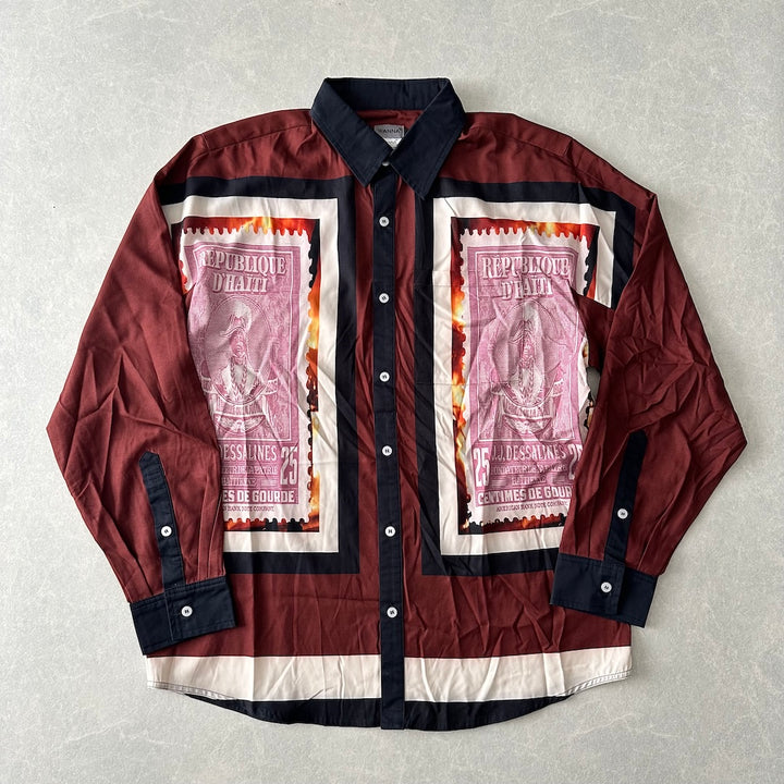 【WANNA】アート柄プリントシャツ ブラウン 1 古着 メンズ