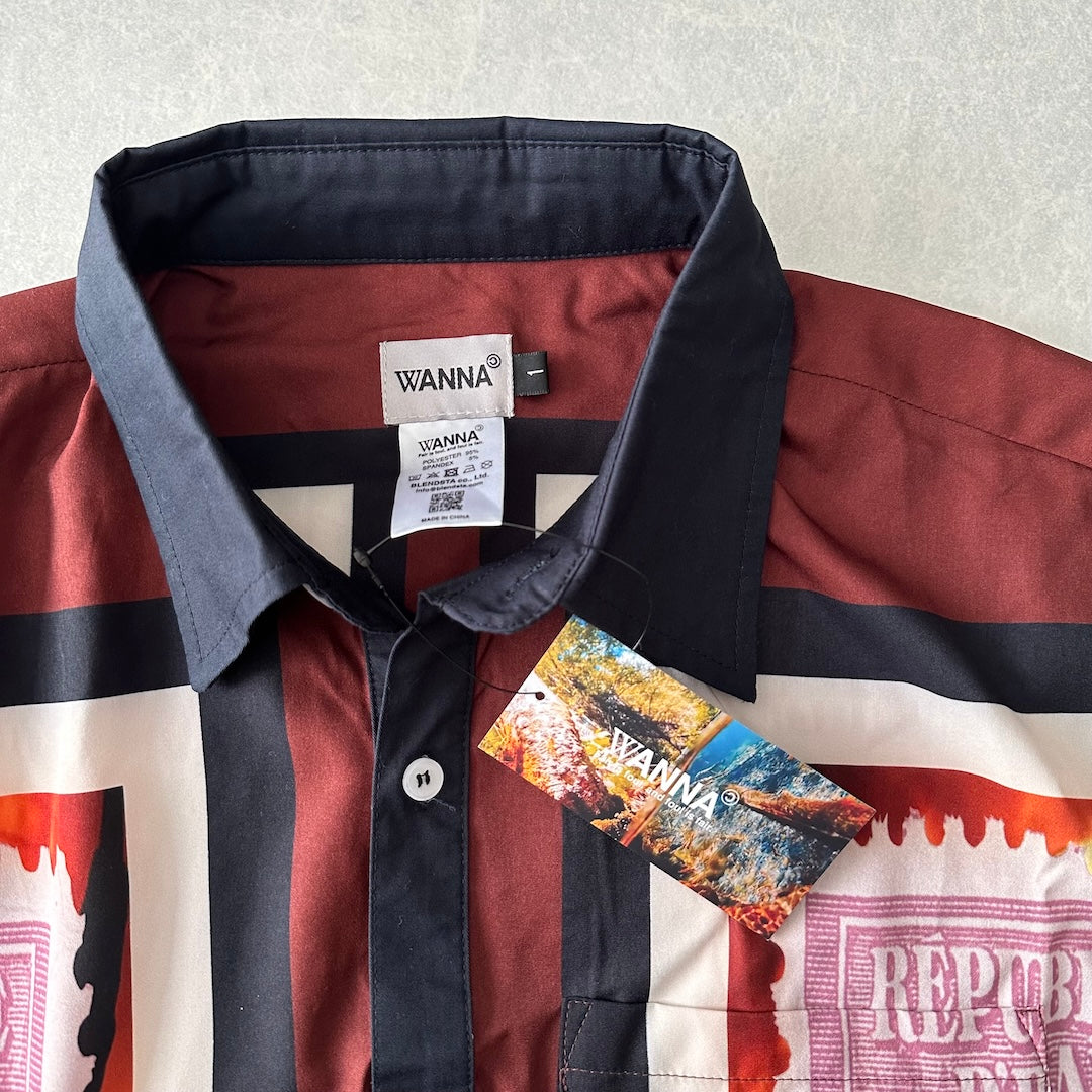 【WANNA】アート柄プリントシャツ ブラウン 1 古着 メンズ