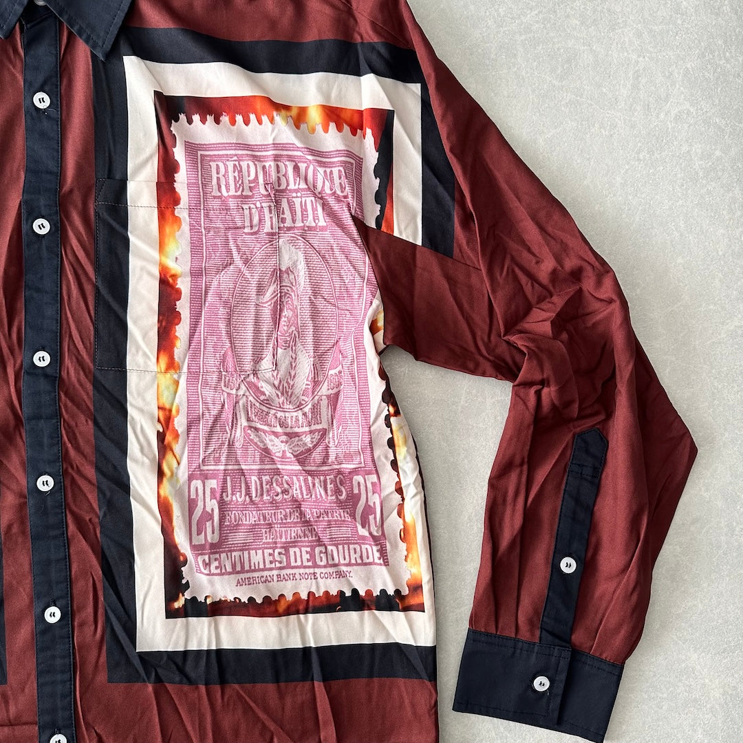 【WANNA】アート柄プリントシャツ ブラウン 1 古着 メンズ