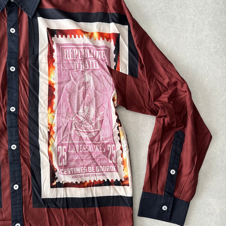 【WANNA】アート柄プリントシャツ ブラウン 1 古着 メンズ