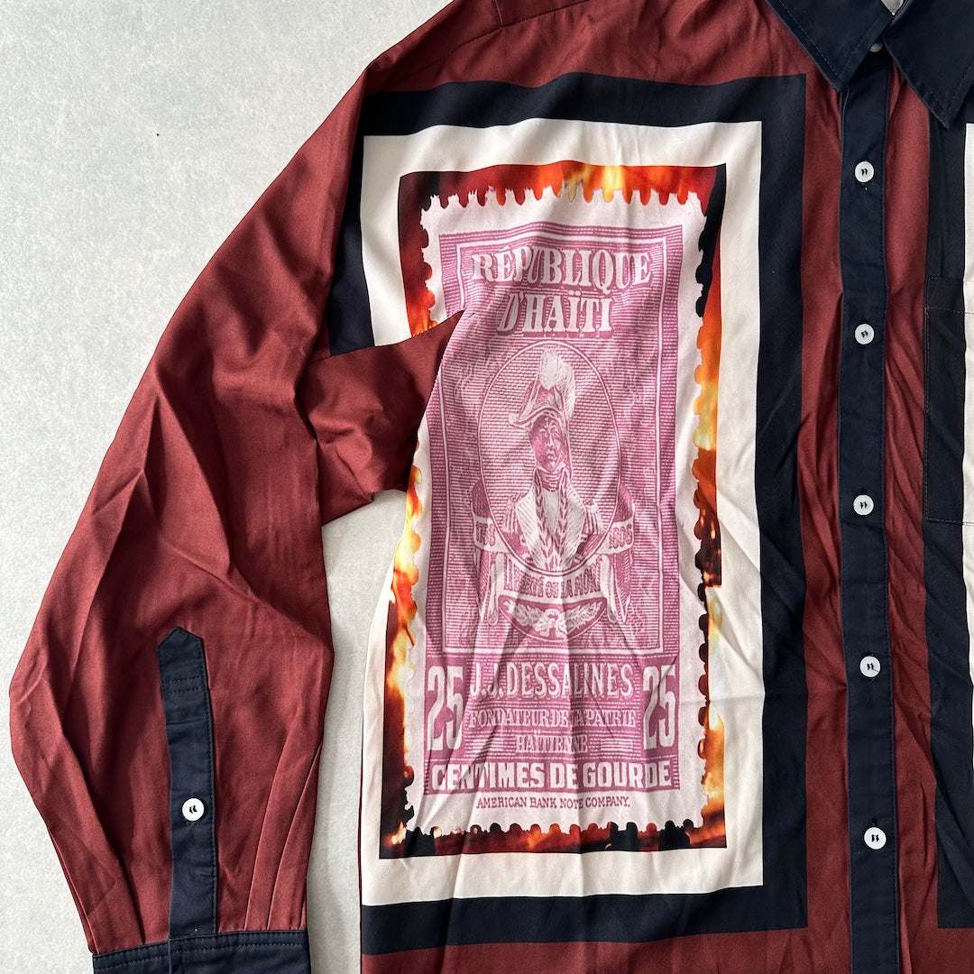 【WANNA】アート柄プリントシャツ ブラウン 1 古着 メンズ