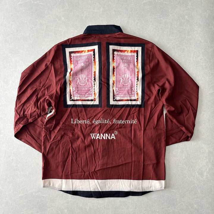 【WANNA】アート柄プリントシャツ ブラウン 1 古着 メンズ