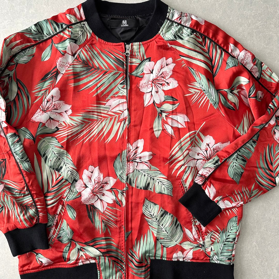 【CAMBIO】ボタニカル柄リーフ花柄ジップブルゾン 総柄 L 古着 メンズ