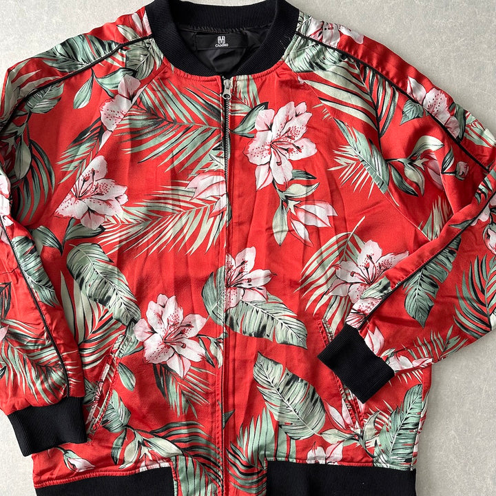 【CAMBIO】ボタニカル柄リーフ花柄ジップブルゾン 総柄 L 古着 メンズ
