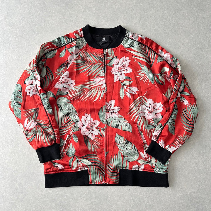【CAMBIO】ボタニカル柄リーフ花柄ジップブルゾン 総柄 L 古着 メンズ