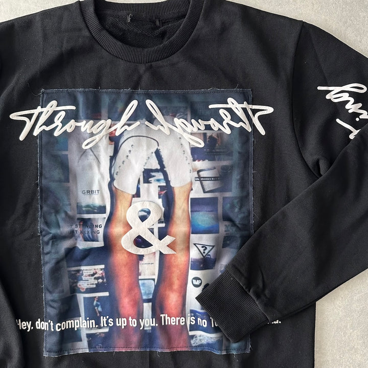 フォトプリントクルーネックプルオーバースウェット ブラック M 古着 メンズ