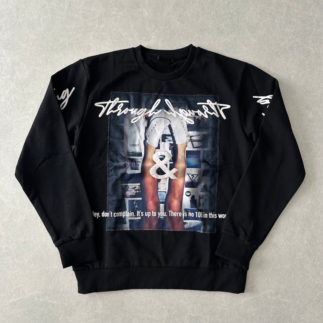 フォトプリントクルーネックプルオーバースウェット ブラック M 古着 メンズ