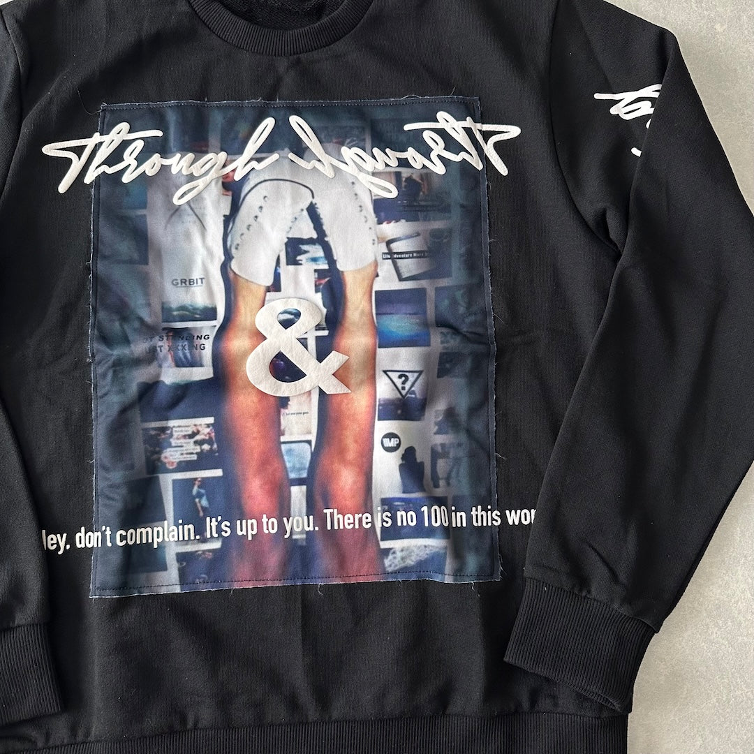 フォトプリントクルーネックプルオーバースウェット ブラック M 古着 メンズ