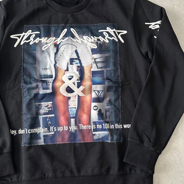 フォトプリントクルーネックプルオーバースウェット ブラック M 古着 メンズ