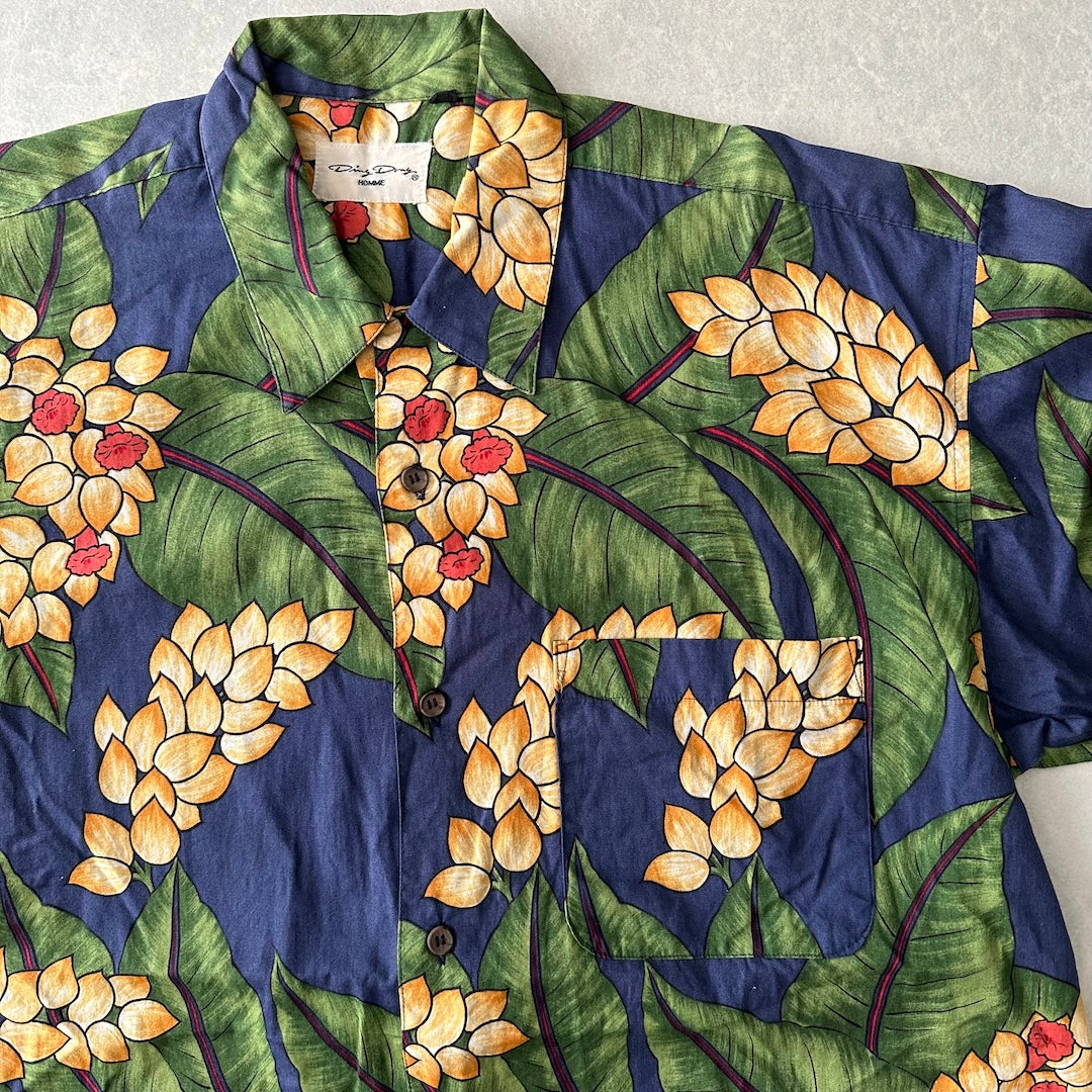 ボタニカル柄リーフ花柄プリント半袖シャツ 総柄 L 古着 メンズ