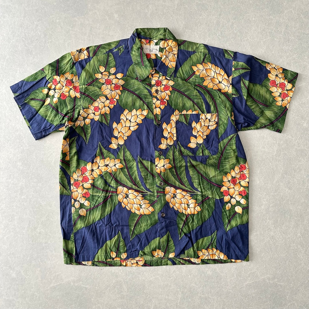 ボタニカル柄リーフ花柄プリント半袖シャツ 総柄 L 古着 メンズ