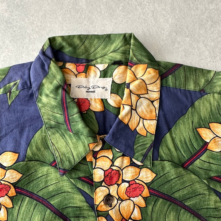 ボタニカル柄リーフ花柄プリント半袖シャツ 総柄 L 古着 メンズ