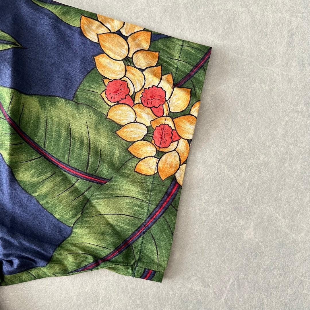 ボタニカル柄リーフ花柄プリント半袖シャツ 総柄 L 古着 メンズ