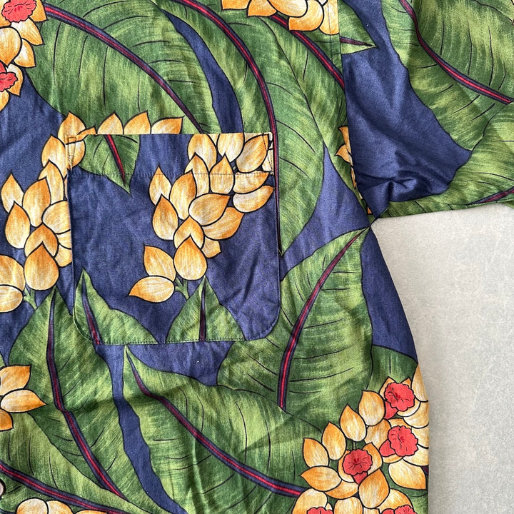 ボタニカル柄リーフ花柄プリント半袖シャツ 総柄 L 古着 メンズ