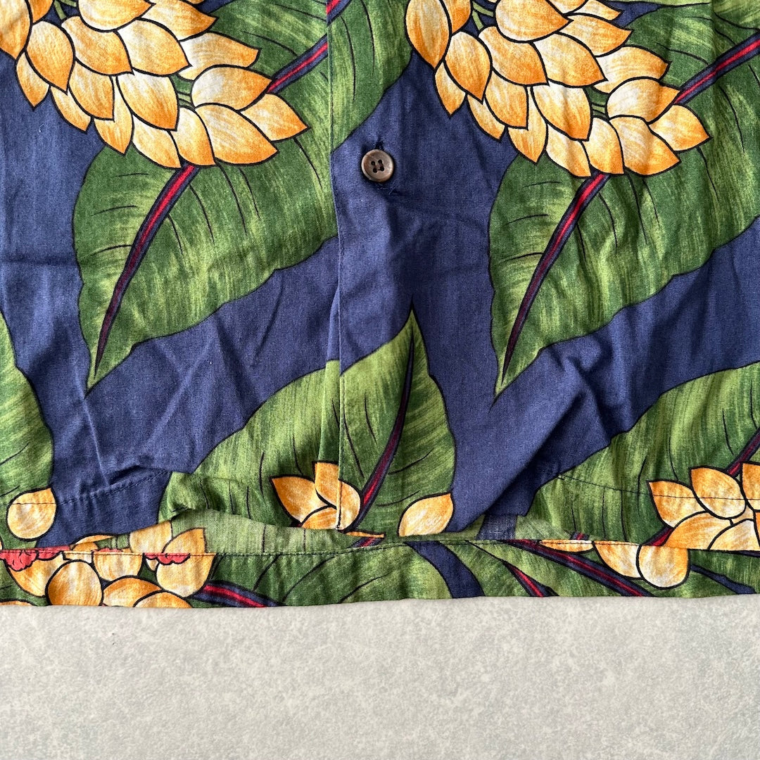 ボタニカル柄リーフ花柄プリント半袖シャツ 総柄 L 古着 メンズ