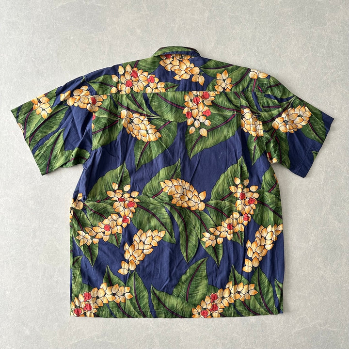 ボタニカル柄リーフ花柄プリント半袖シャツ 総柄 L 古着 メンズ
