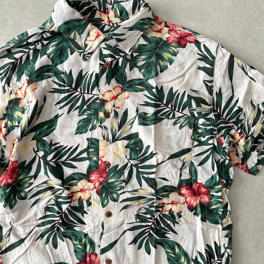 ボタニカル柄リーフ花柄プリント半袖シャツ 総柄 L 古着 メンズ