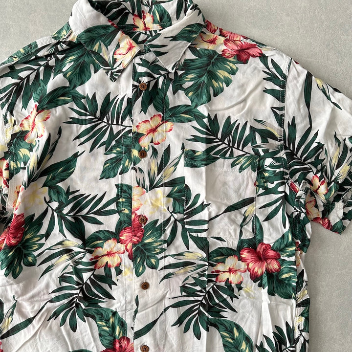 ボタニカル柄リーフ花柄プリント半袖シャツ 総柄 L 古着 メンズ