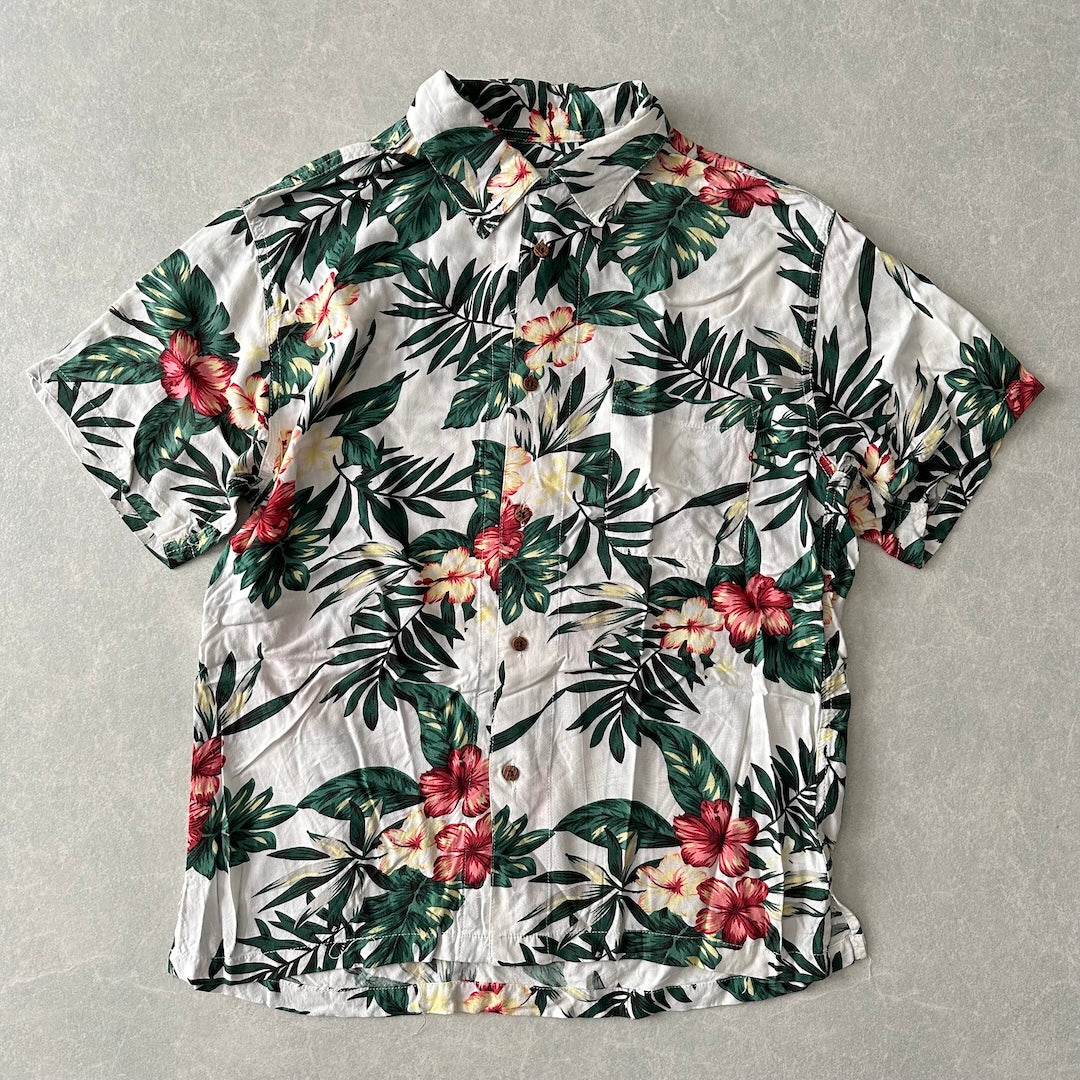 ボタニカル柄リーフ花柄プリント半袖シャツ 総柄 L 古着 メンズ