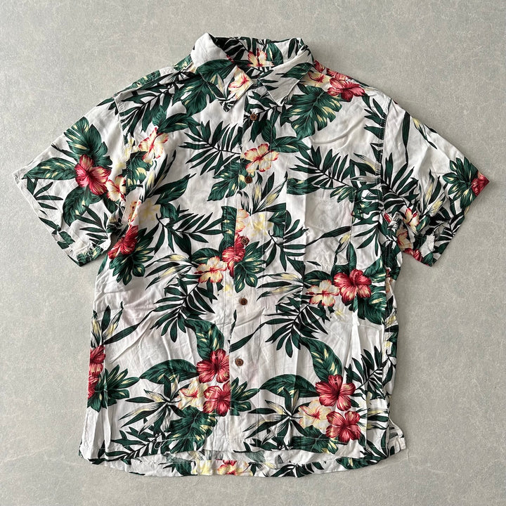 ボタニカル柄リーフ花柄プリント半袖シャツ 総柄 L 古着 メンズ