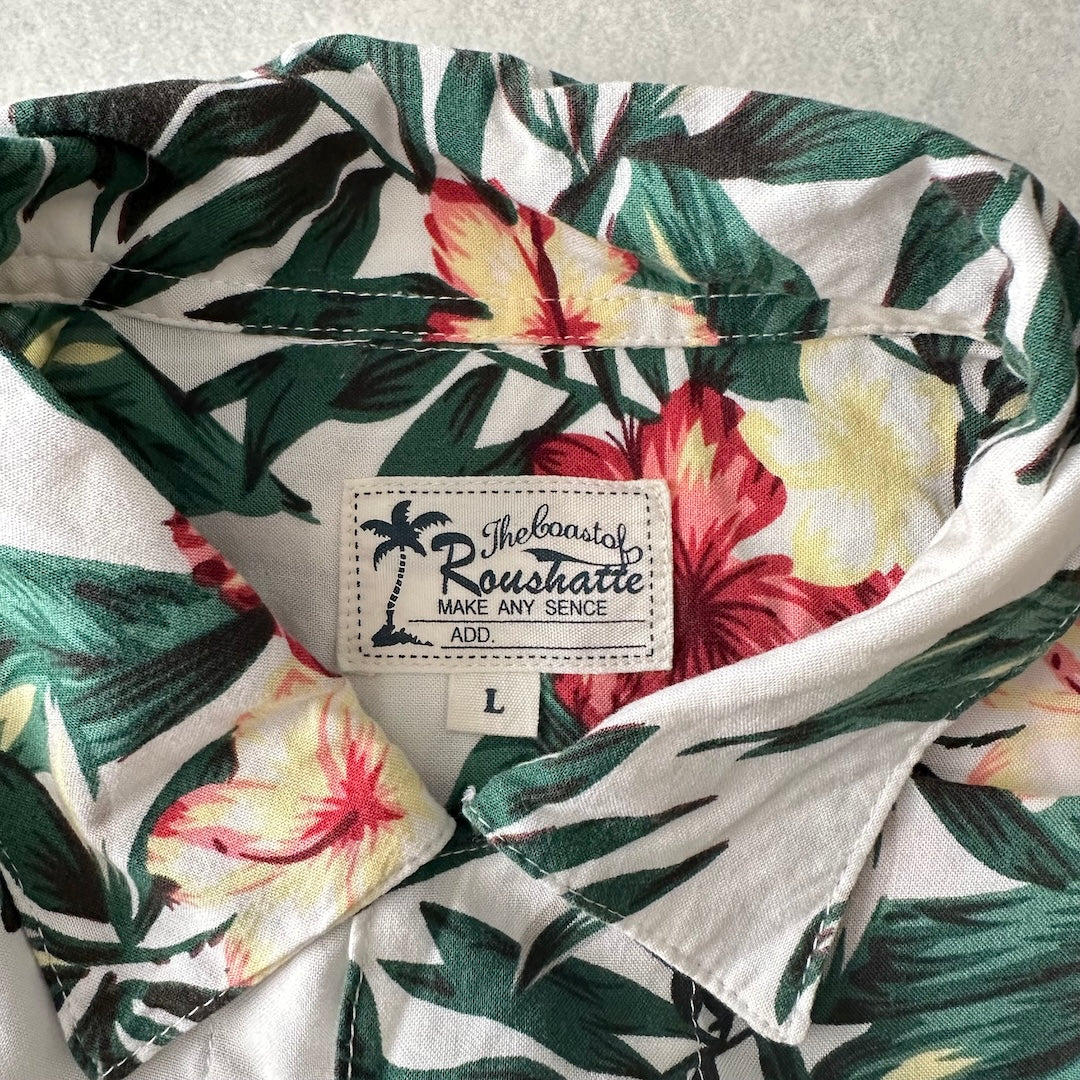 ボタニカル柄リーフ花柄プリント半袖シャツ 総柄 L 古着 メンズ