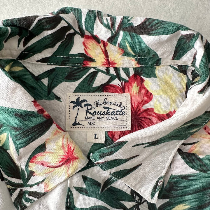 ボタニカル柄リーフ花柄プリント半袖シャツ 総柄 L 古着 メンズ