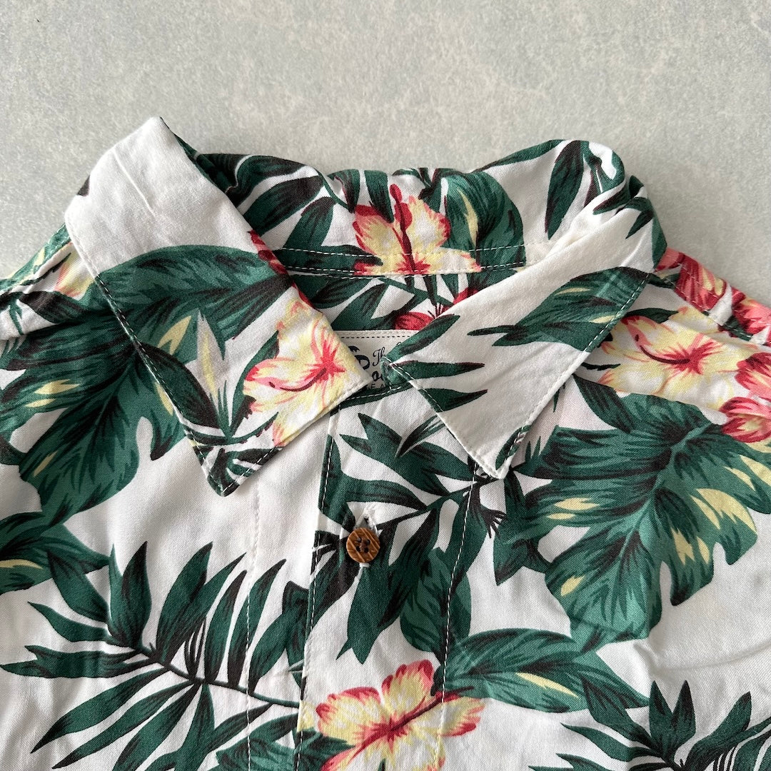 ボタニカル柄リーフ花柄プリント半袖シャツ 総柄 L 古着 メンズ