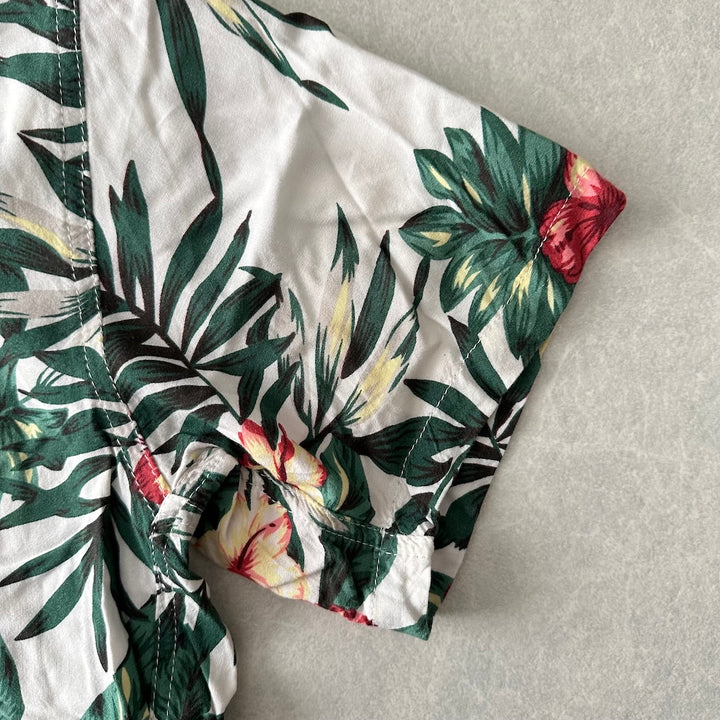 ボタニカル柄リーフ花柄プリント半袖シャツ 総柄 L 古着 メンズ