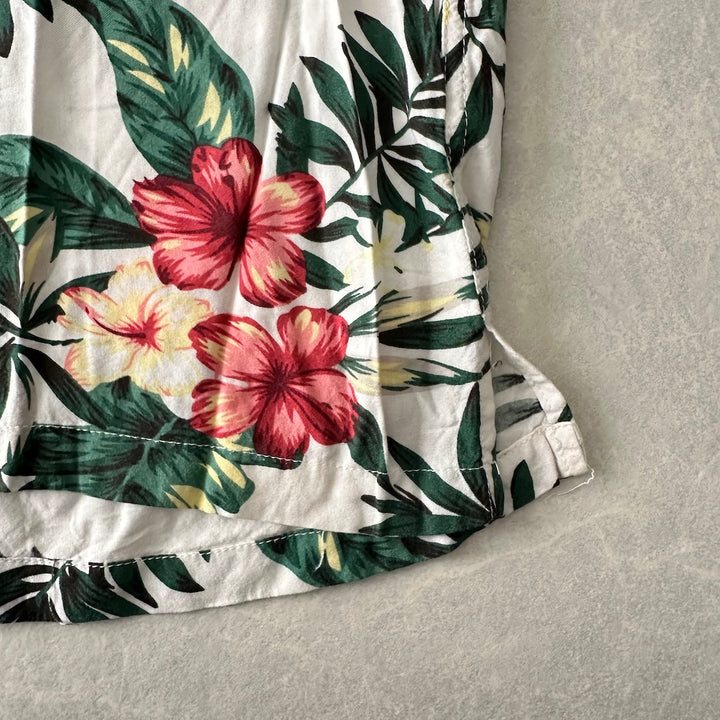 ボタニカル柄リーフ花柄プリント半袖シャツ 総柄 L 古着 メンズ