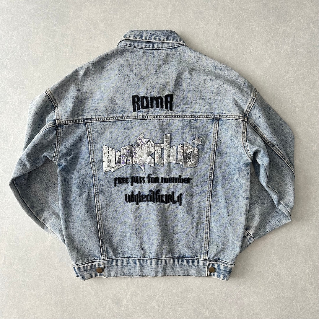 ビジュースパンコール刺繍デニムジャケット ブルー F 古着 メンズ