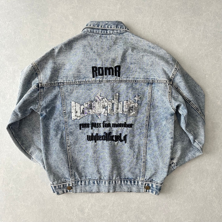 ビジュースパンコール刺繍デニムジャケット ブルー F 古着 メンズ