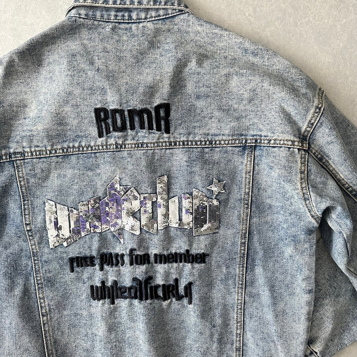 ビジュースパンコール刺繍デニムジャケット ブルー F 古着 メンズ