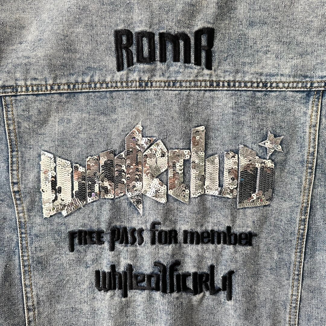 ビジュースパンコール刺繍デニムジャケット ブルー F 古着 メンズ