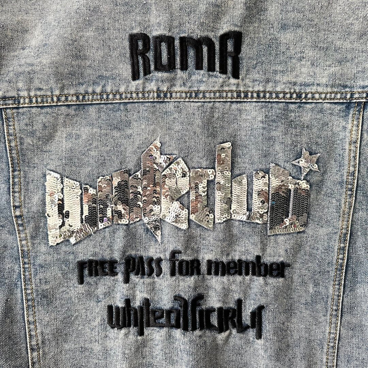 ビジュースパンコール刺繍デニムジャケット ブルー F 古着 メンズ