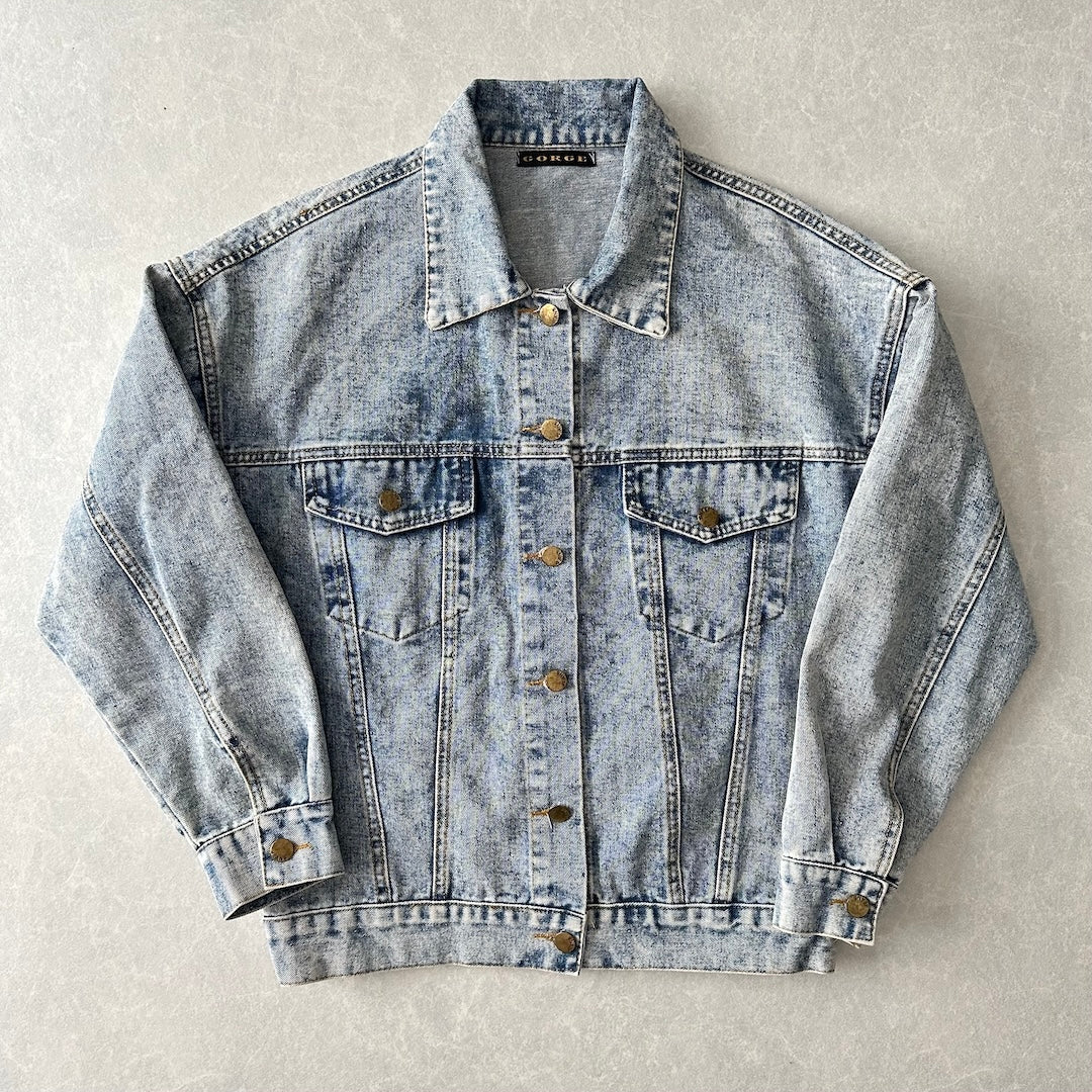 ビジュースパンコール刺繍デニムジャケット ブルー F 古着 メンズ