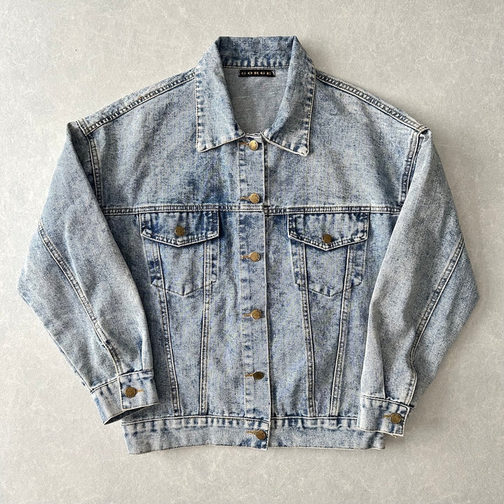 ビジュースパンコール刺繍デニムジャケット ブルー F 古着 メンズ